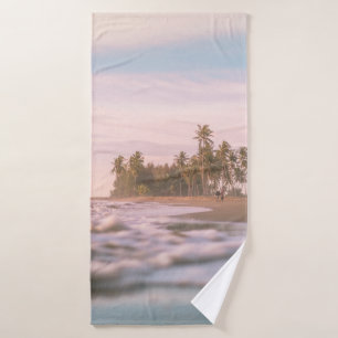 GREEN PALM TREES ON BROWN SAND UNDER WHITE CLOUDS BATH TOWEL