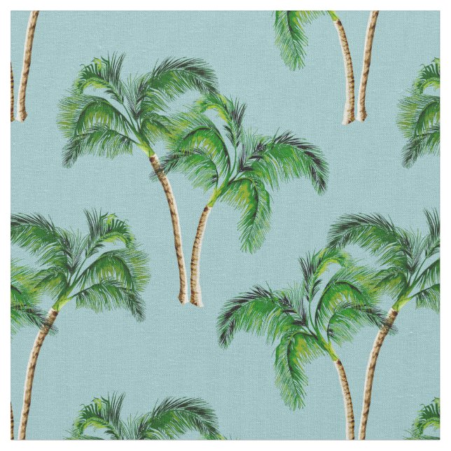 Green Palm Trees on Turquoise Fabric (Close Up)
