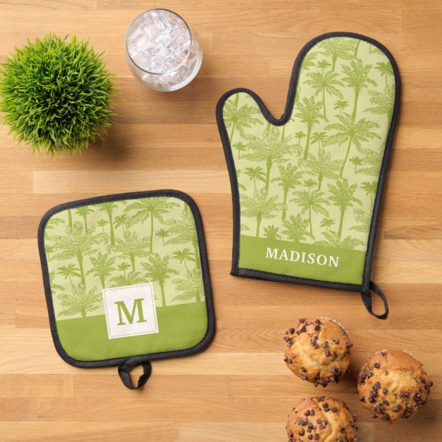 Green Palm Trees Pattern Oven Mitt & Pot Holder Set (Top Down)