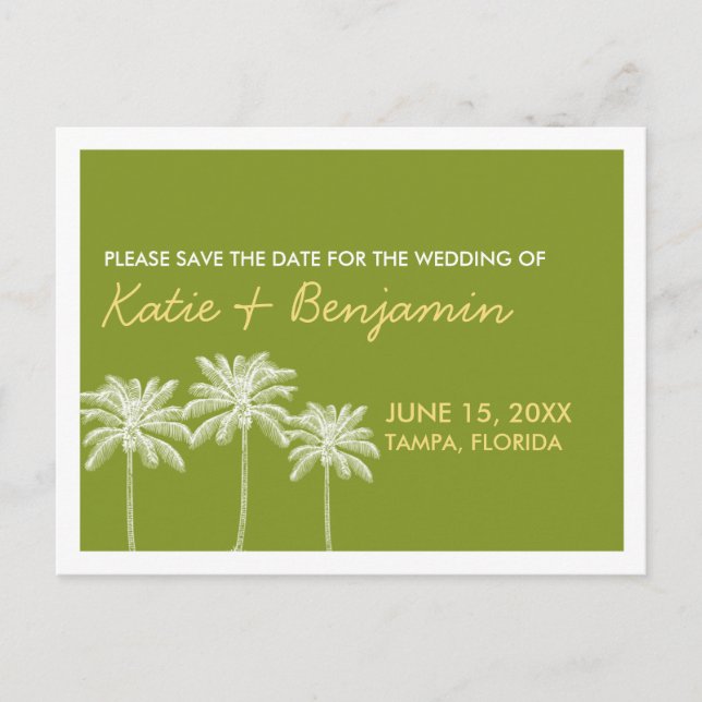Green palm trees summer wedding chic save the date announcement postcard (Front)