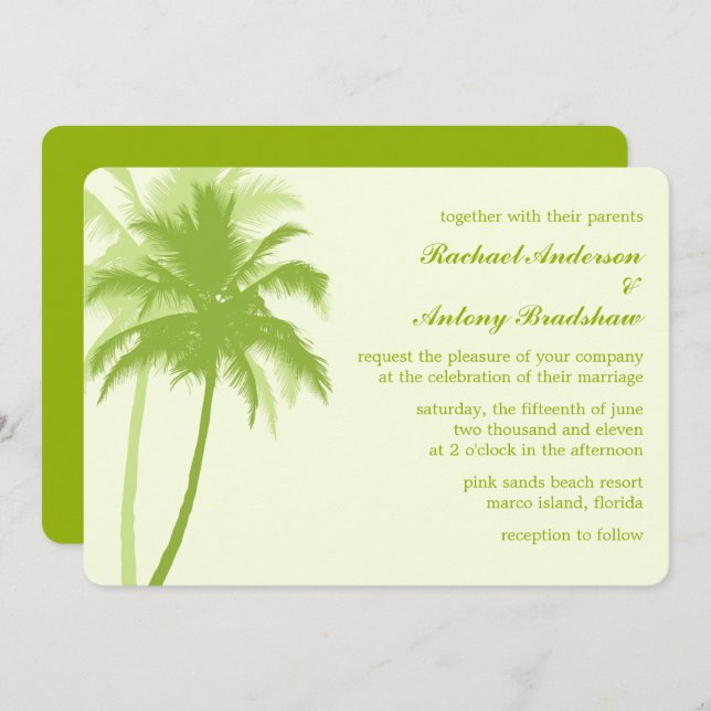 Green Palm Trees Tropical Beach Wedding Invitation (Front/Back)