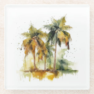 Green palm trees with coconuts water colour tropic glass coaster