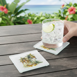 Green palm trees with coconuts water colour tropic glass coaster