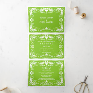 Green papel picado love birds wedding Tri-Fold invitation