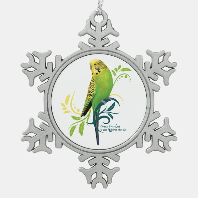 Green Parakeet Snowflake Pewter Christmas Ornament (Front)