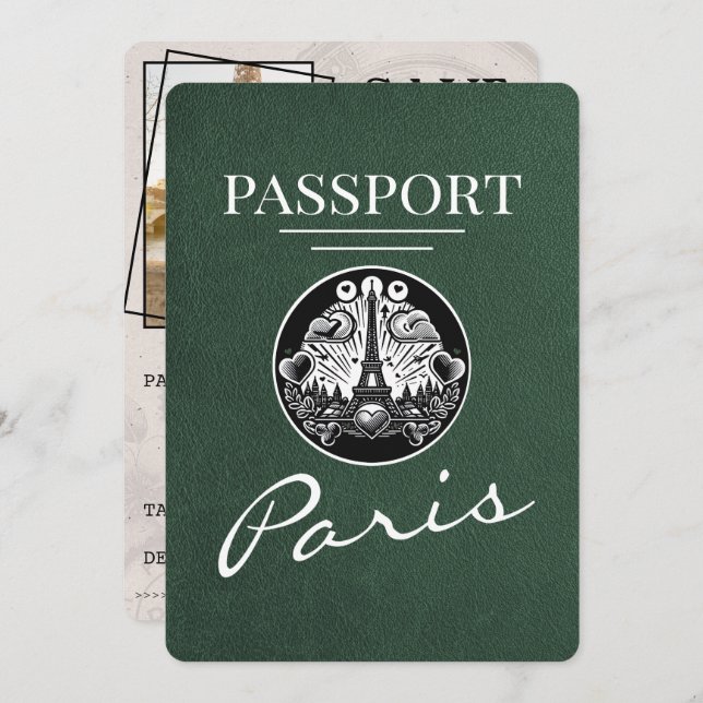 Green Paris Passport Save The Date (Front/Back)