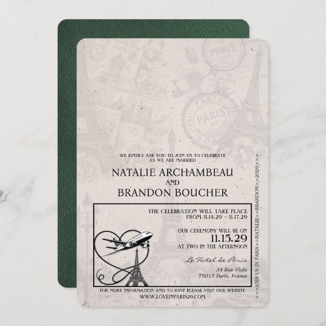 Green Paris Passport Wedding Invitation (Front/Back)