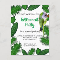 Green parrot and palm leaves retirement invitation