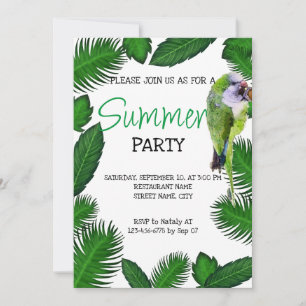 Green parrot and palm leaves tropical invitation