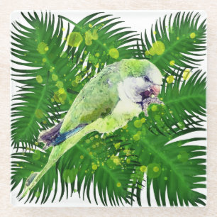 Green parrot and palm leaves watercolor glass coaster