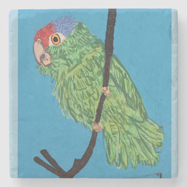 green parrot blue tile stone coaster (Front)