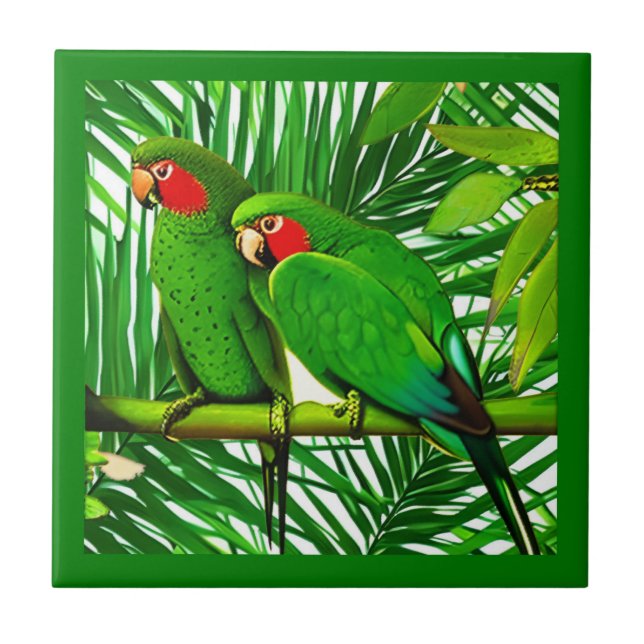 Green Parrot Couple in a Jungle Setting  Ceramic Tile (Front)