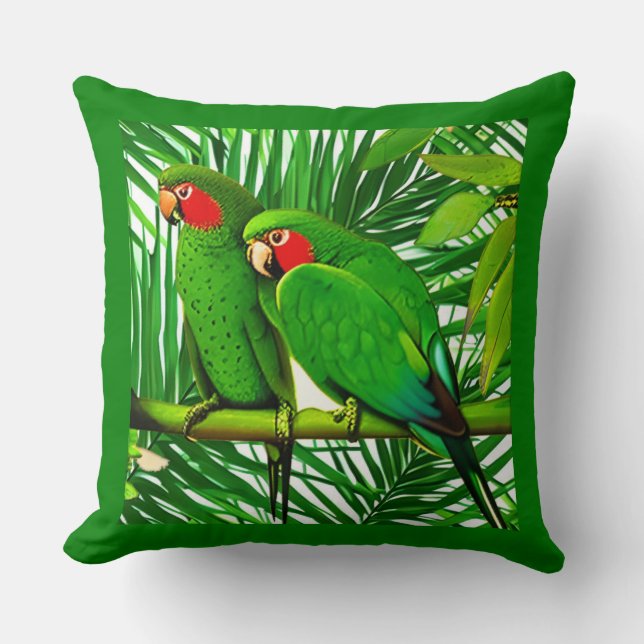 Green Parrot Couple in a Jungle Setting Cushion (Front)