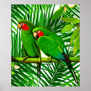 Green Parrot Couple in a Jungle Setting Poster