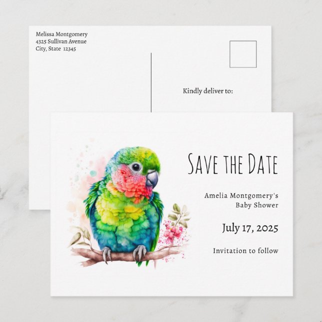 Green Parrot - Cute Baby Bird Baby Shower Announcement Postcard (Front/Back)