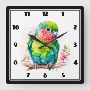 Green Parrot - Cute Baby Bird Square Wall Clock