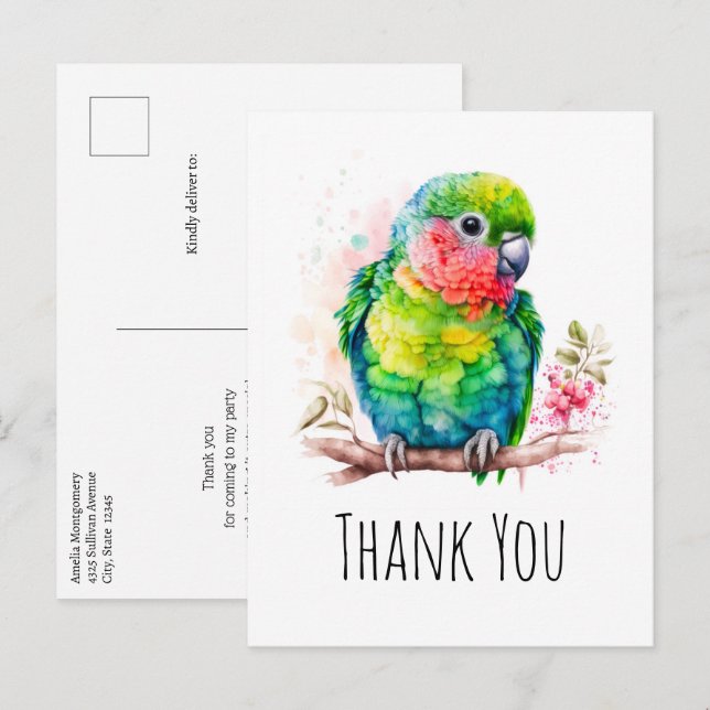 Green Parrot - Cute Baby Bird Thank You Postcard (Front/Back)