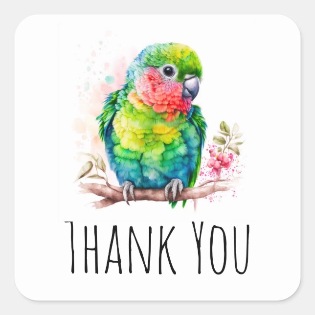Green Parrot - Cute Baby Bird Thank You Square Sticker (Front)