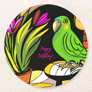 Green parrot with orange and yellow round paper coaster