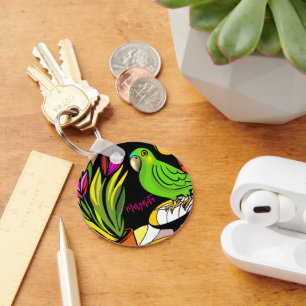 Green parrot with pink tulips key ring