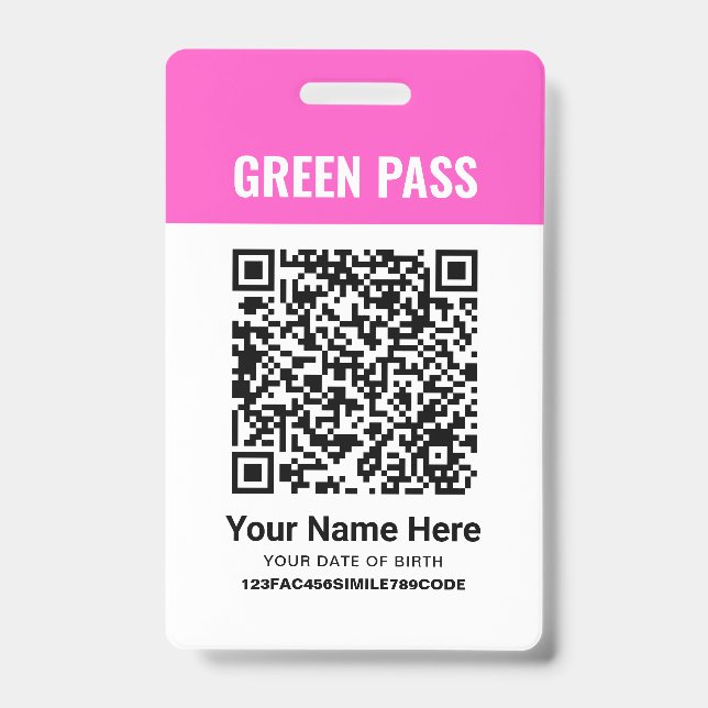 Green Pass Vaccination Certificate PVC Pink ID Badge (Front)