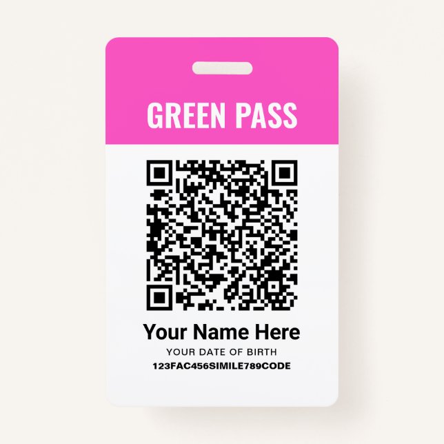 Green Pass Vaccination Certificate PVC Pink ID Badge (Front)