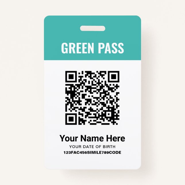 Green Pass Vaccination Certificate PVC Turquoise ID Badge (Front)