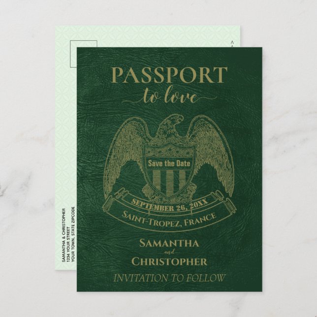 Green Passport Cute Fun Wedding Save the Date Announcement Postcard (Front/Back)