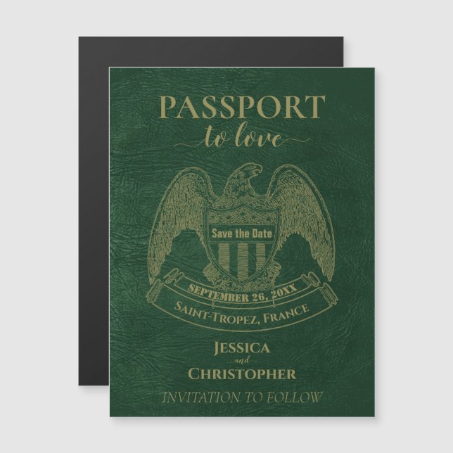 Green Passport Destination Wedding Save the Date Magnetic Invitation (Front/Back)
