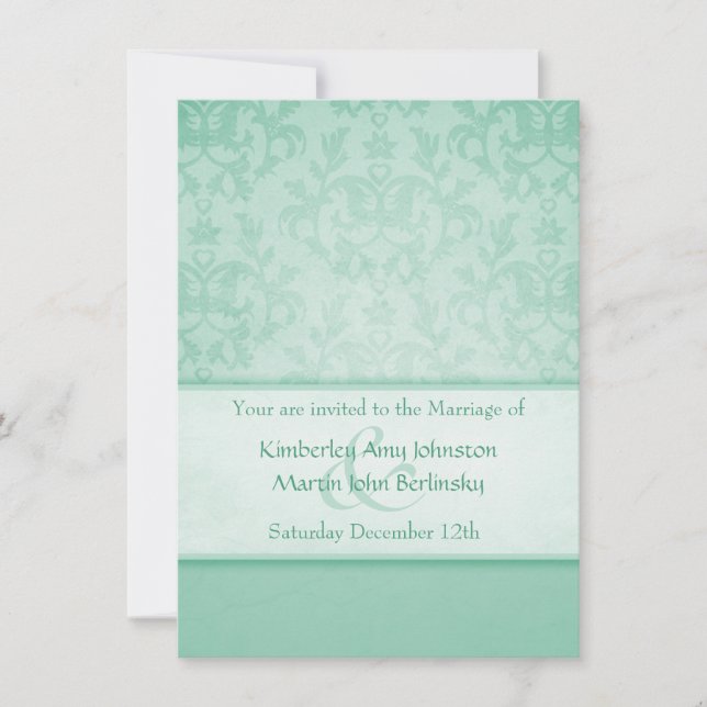 Green pastel damask formal wedding invitation (Front)