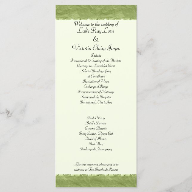 Green Pastel & Diamond Swirls Bow & Ribbon Wedding Program (Front)