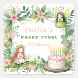 Green Pastel Fairy First Birthday - Square Sticker