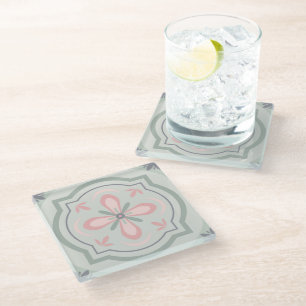 Green Pastel Floral Tiles Glass Coaster
