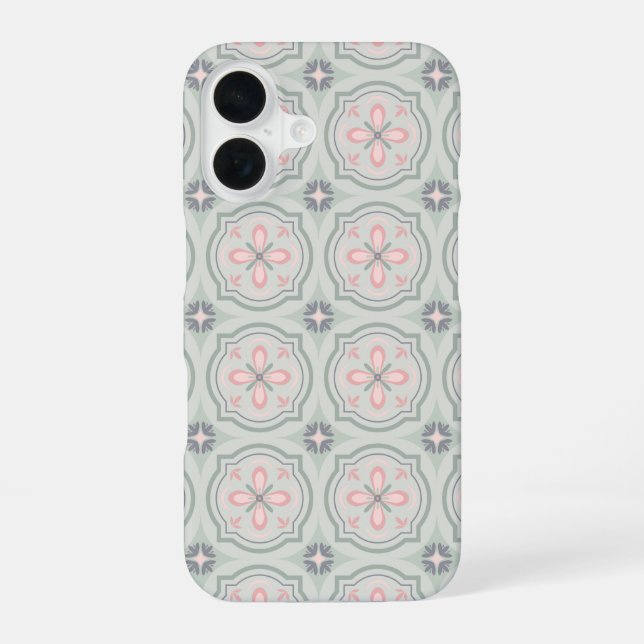 Green Pastel Floral Tiles iPhone 16 Case (Back)