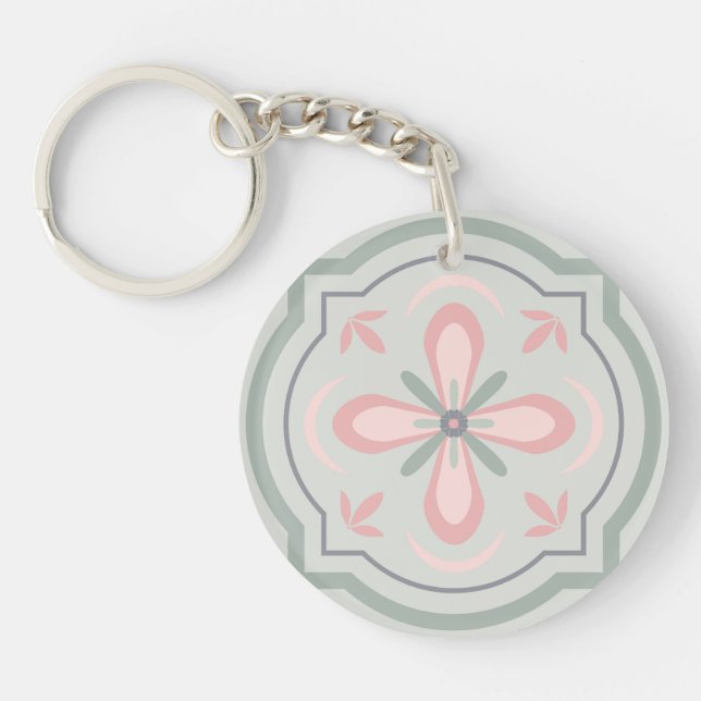 Green Pastel Floral Tiles Key Ring (Front)