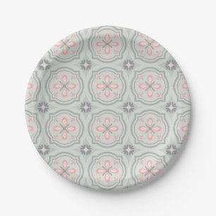 Green Pastel Floral Tiles Paper Plate