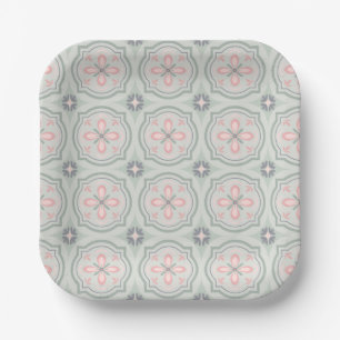 Green Pastel Floral Tiles Paper Plate