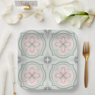 Green Pastel Floral Tiles Paper Plate