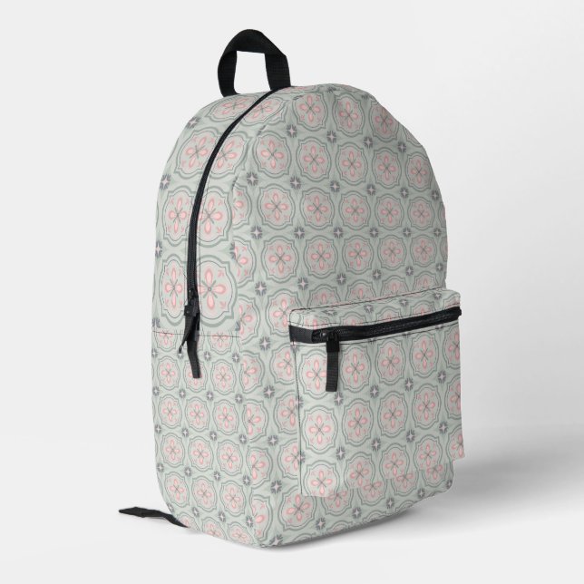 Green Pastel Floral Tiles Printed Backpack (Back Corner Left)