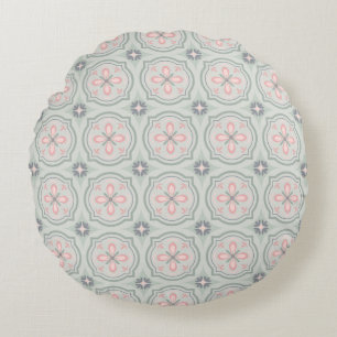 Green Pastel Floral Tiles Round Cushion