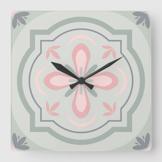 Green Pastel Floral Tiles Square Wall Clock (Front)