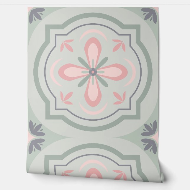 Green Pastel Floral Tiles Wallpaper (Unrolling)