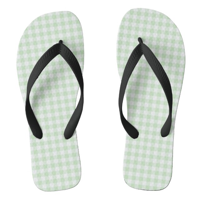Green Pastel Gingham Flip Flops, Adult Wide Strap Thongs (Footbed)