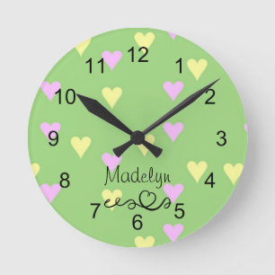 Green Pastel Heart Print Nursery Wall Clock