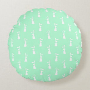 Green Pastel White Rabbit Easter Spring Season Round Cushion