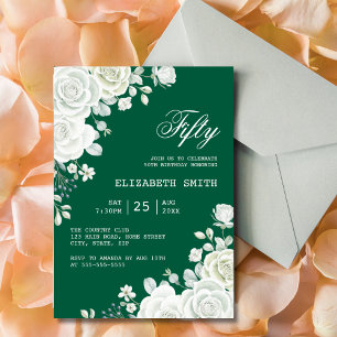 Green Pastel White Rose Floral Birthday Invitation