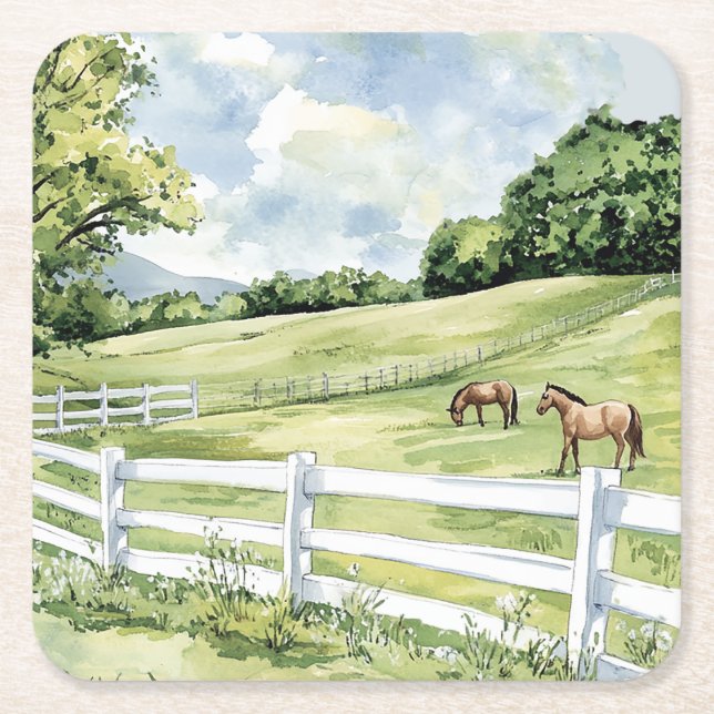 Green Pastures Ranch Horses Square Paper Coaster (Front)