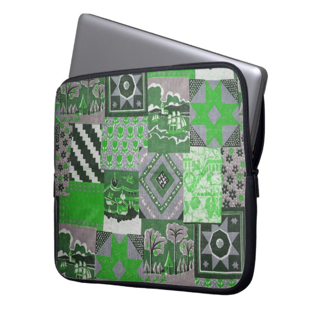 Green Patchwork Laptop Sleeve (Front Left)