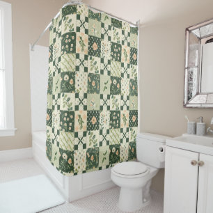 Green Patchwork Quilt Rustic Retro Floral  Shower Curtain