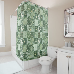 Green Patchwork Quilt Rustic Retro Floral  Shower Curtain